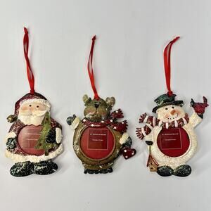 Christmas Ornaments Picture Frames Set of 3 Santa Snowman Reindeer Metal Glitter